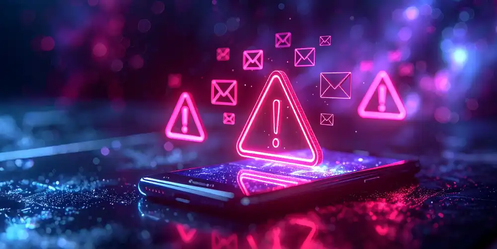 Neon Pink Alert Signs With Email Envelope Icons Above A Mobile Device