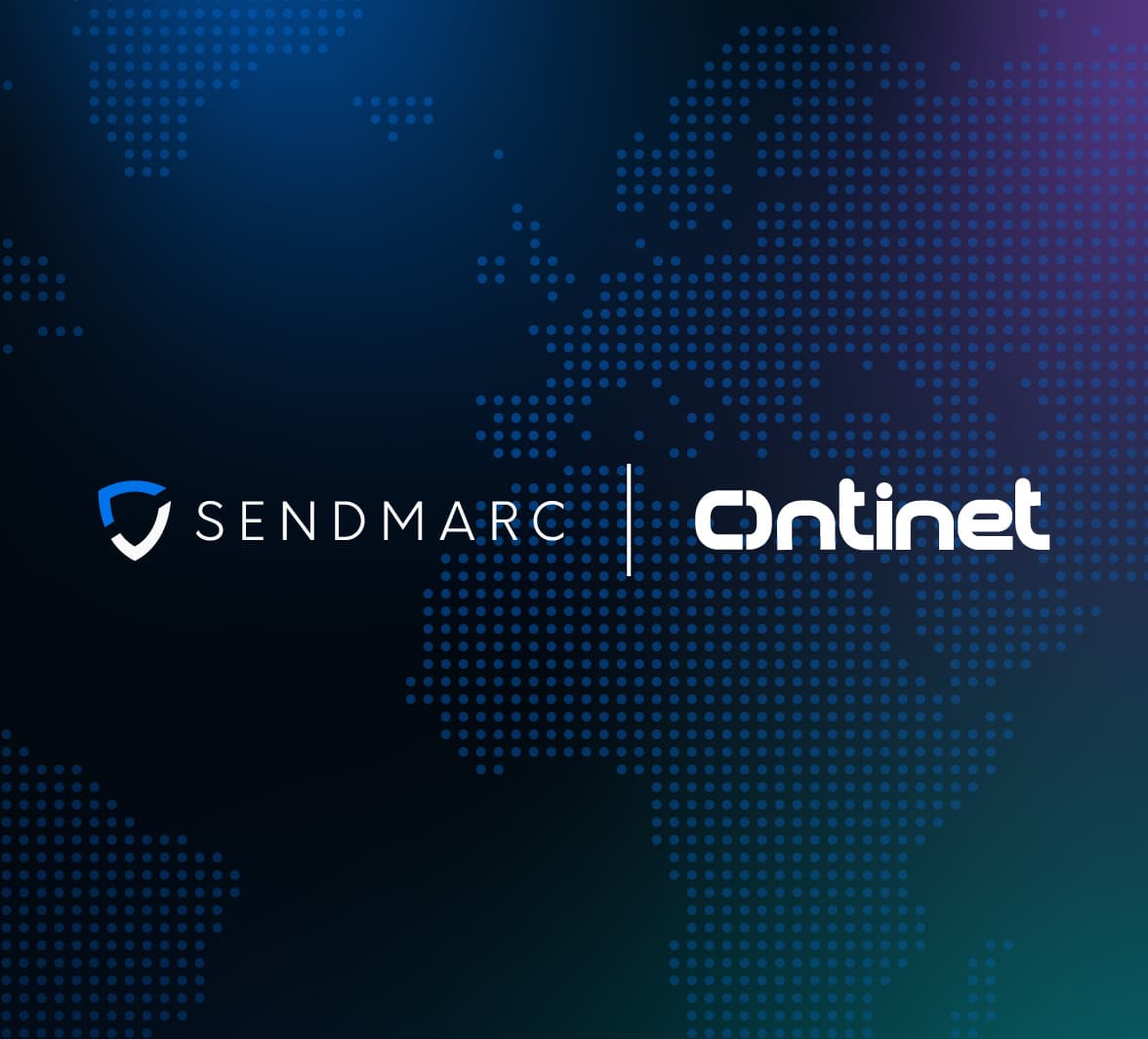 Sendmarc and Ontinet, who are partnering to boost DMARC adoption globally, logos on a world map.