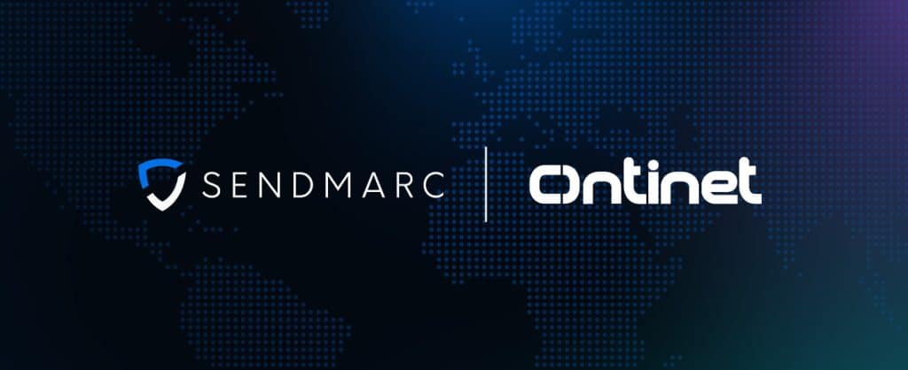 Sendmarc And Ontinet, Who Are Partnering To Boost Dmarc Adoption Globally, Logos On A World Map.